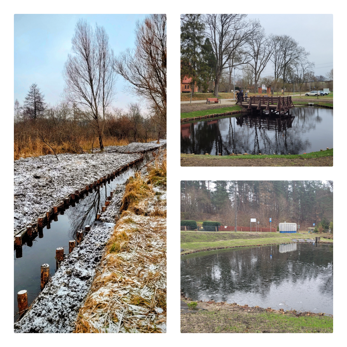 Trzy zdjęcia przedstawiające inwestycje KPO - po lewej pionowe zdjęcie rowu melioracyjnego, po prawej u góry zbiornik retencyjny z pomostem, na dole zwykły zbiornik retencyjny.
